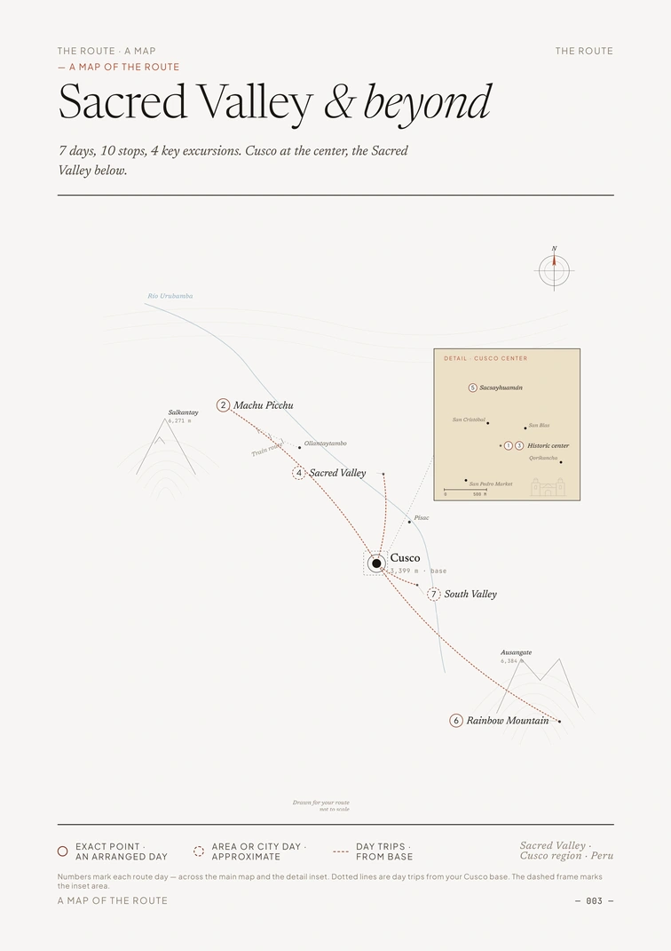 A route map of Cusco and the Sacred Valley with a city inset